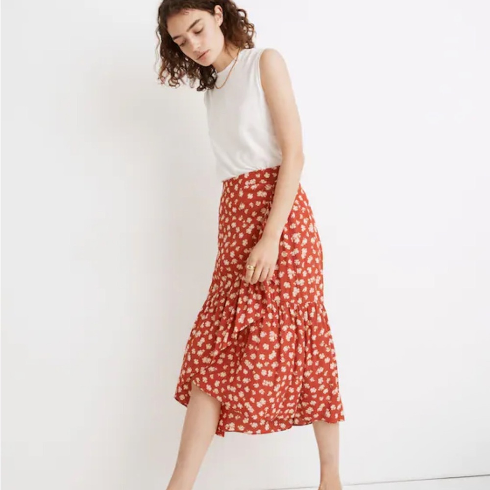 Madewell Ruffle Wrap Floral Red Midi Skirt
